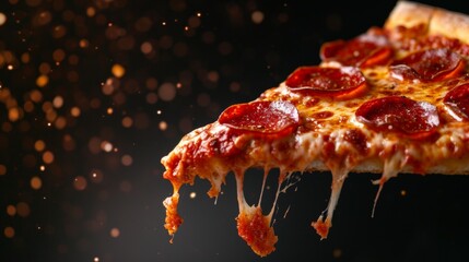 Wall Mural - Template with delicious tasty slice of pepperoni pizza flying on black background