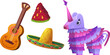 Mexican festival or holiday traditional elements - paper donkey and watermelon pinata, sombrero hat and guitar. Cartoon vector illustration set of fiesta, birthday party and cinco de mayo accessory.