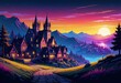 A beautiful digital illustration depicting a Synthwave Gothic village set in medieval times.