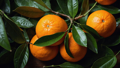 Wall Mural - fresh orange fruit with leaves on top of a wodden table