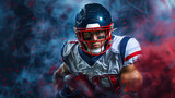 Fototapeta  - An American football player in a dynamic pose with helmet and ball, intense digital art style, on a vibrant abstract red and blue background, conveying action and determination. Generative AI