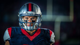 Fototapeta  - An American football player in helmet and game uniform on a blurry stadium background, capturing the intensity of sports. Generative AI