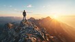 © tashechka - A lone man stands on a mountain peak as the sunrise illuminates the vast landscape, embodying adventure.