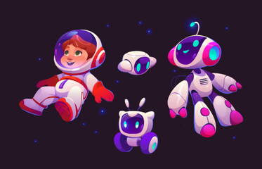 Wall Mural - kid astronaut in costume with helmet and cute cosmonaut robots floating in outer space. cartoon vect