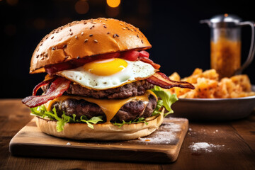 Wall Mural - Gourmet Burger with a Fried Egg and Crispy Bacon Served on a Wooden Board