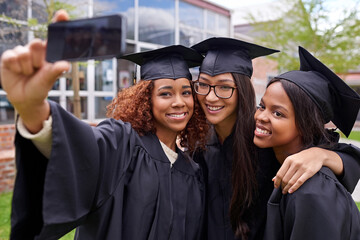 Poster - Students, graduation and friends on campus with selfie for success, photograph and memory of graduation day. Female people, university youth and smile for celebration, social media and connection