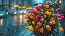 Colorful Tulips In Bicycle Basket On Rainy City Street. Urban Springtime. Fresh Flowers Delivery Concept. Vibrant Colors Against Grey Mood. AI