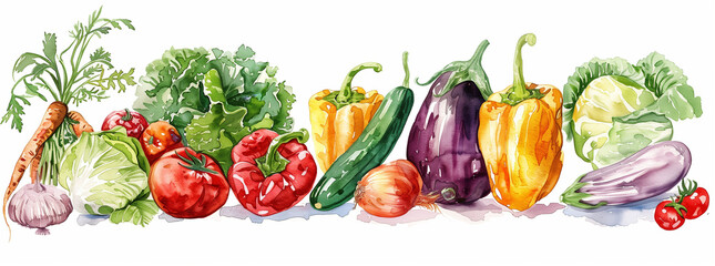  The watercolor illustration presents a variety of vegetables in vibrant, lifelike colors. From left to right: a pair of green leeks with long, layered leaves and white roots, next to slender, orange 