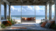 A porch with a swing chair and pillows on the front porch of a beach house with a view of the ocean in the distance