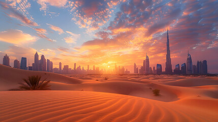 Desert in dubai city background united arab emirates beautiful sky in the morning sunrise.