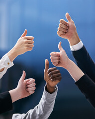 Aufkleber - Hands, thumbs up and business people in office with thank you, welcome or success sign on blue background. Support, vote or team with service review, feedback or winning sign for solidarity and trust