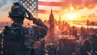 Patriotically poised soldier saluting at sunrise with American flag and city skyline
