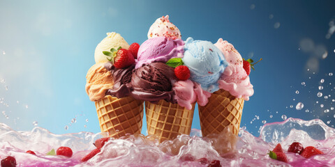 Wall Mural - Beautiful dessert background with multi-colored melting fruit or berry ice cream in a waffle cone on a background of splash, ice cream, yogurt. Beautiful advertising background. Banner