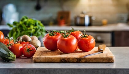 Wall Mural - A selection of fresh vegetable: tomatoes, sitting on a chopping board against blurred kitchen background; copy space