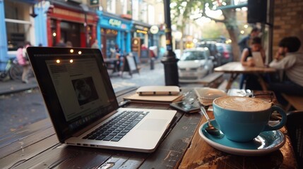 Wall Mural - An individual working from a quaint cafe, their laptop open amidst a steaming cup of coffee and notebooks, blending the lines between work and leisure.