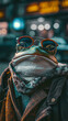 A close up photo of a frog wearing sunglasses and a scarf