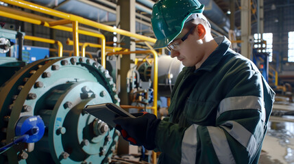 Engineer using digital tablet for inspection in oil refinery. Oil and gas industry.