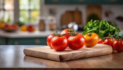 Wall Mural - A selection of fresh vegetable: tomatoes, sitting on a chopping board against blurred kitchen background; copy space