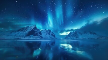 Canvas Print - Aurora borealis on the Lofoten islands, Norway. Night sky with polar lights. Night winter landscape with aurora and reflection on the water surface. Natural background in the Norway