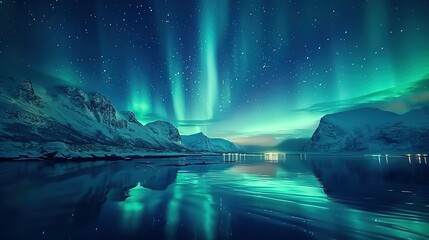 Wall Mural - Aurora borealis on the Lofoten islands, Norway. Night sky with polar lights. Night winter landscape with aurora and reflection on the water surface. Natural background in the Norway