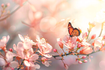 Wall Mural - flowers of sakura tree and butterfly