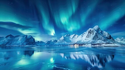 Canvas Print - Aurora borealis on the Lofoten islands, Norway. Night sky with polar lights. Night winter landscape with aurora and reflection on the water surface. Natural background in the Norway
