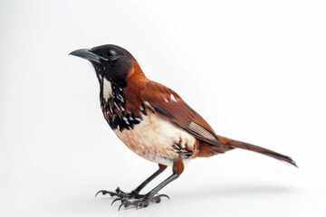 Wall Mural - Ornate Spotted Towhee Bird with Rich Brown Sides Poised on a Plain White Studio Background