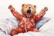 Watercolor illustration of a teddy bear in a red pajamas.