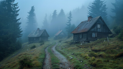 Wall Mural - Solitude in the Fog: A House in the Wilderness