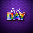 Happy Pride Day LGBTQ Illustration with Rainbow Flag in 3d Text Label on Purple Background. 28 June Love is Love Human Rights or Diversity Concept. Vector LGBT Event Banner Design for Postcard, Banner