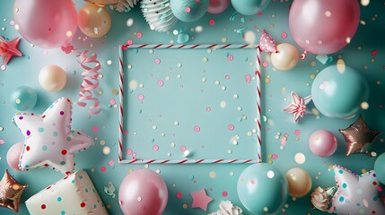 Wall Mural - Festive Birthday Celebration, Balloons and Confetti Frame, Centerpiece on Green Pastel