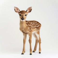  A young, spotted fawn looking curiously at the viewer, isolated on a white backdrop.