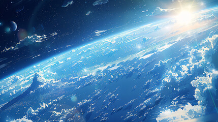 beautiful scene looking down at the earth from space, blue technological earth against the backgroun