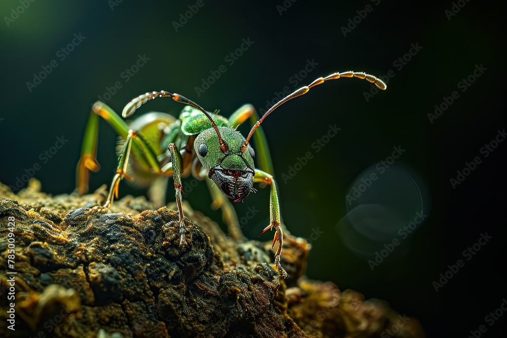 Mystic portrait of Metallic Green Ant on root in studio, The insect's ...