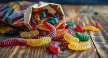 Colorful Gummy Candies Spilled From A Paper Bag On A Wooden Table