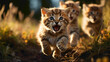 Fluffy cubs of a small wildcat species frolicking in a grassy meadow, their playful interactions and expressive faces radiating untamed cuteness.