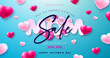Mother's Day Sale Banner Design with Hearts and Cut Out Label on Blue Background. Vector Seasonal Discount Offer Illustration with Typography Lettering for Voucher, Online Ads, Flyer, Invitation