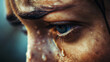 Close-up of a person's eye with water droplets on the skin, detailed texture, focused gaze.