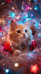 Wall Mural - A cat in a christmas sweater surrounded by lights and tinsel. Generative AI.