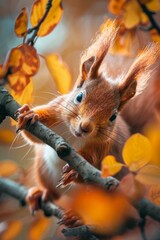 Poster - A squirrel on a branch with leaves in the background. Generative AI.