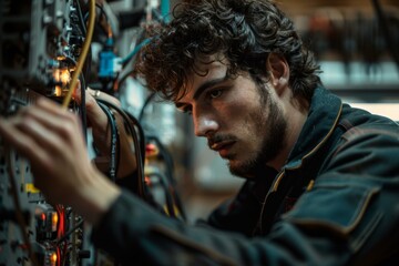 Wall Mural - A man working on a computer system with wires and switches. Generative AI.