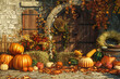 A cozy 3D scene with a background of a bountiful harvest, featuring pumpkins, cornucopias, and autumn leaves. Add rustic decorations to create a warm and inviting Thanksgiving/halloween atmosphere.