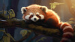 Elegant red panda resting on a tree branch, its bushy tail curled around its body, a picture of adorable tranquility in the heart of the forest.