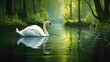 Elegant swan gliding gracefully across a pristine forest pond, its reflection mirrored in the still water, surrounded by emerald greenery.