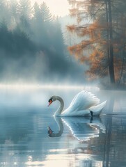 Poster - A swan swimming in a lake with misty trees and fog. Generative AI.