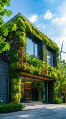 Poster - A building with a green roof and plants growing on the side. Generative AI.