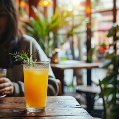 Poster - A woman sitting at a table with an orange drink in front of her.