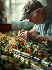 Poster - A man in a hat working on his model train set. Generative AI.