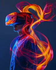 Wall Mural - a man wearing a vr headset with colorful flames around him. generative ai.