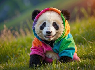 Wall Mural - A panda bear wearing a colorful jacket sitting in the grass. Generative AI.